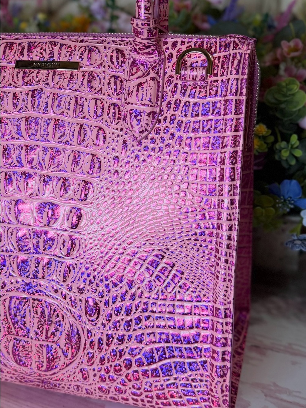 NWT Brahmin Caroline Empower Melbourne Leather Pink Purple sparkle FIRM $ 2 EYES - Picture 8 of 16